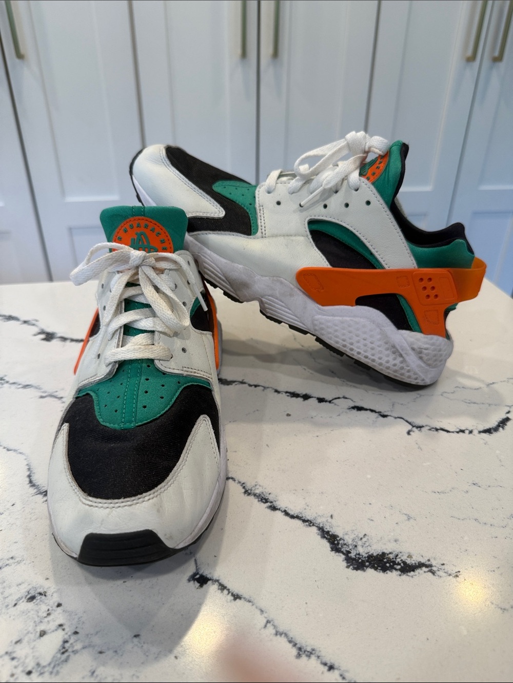 Nike Men's Air Huarache in White, Green & Orange